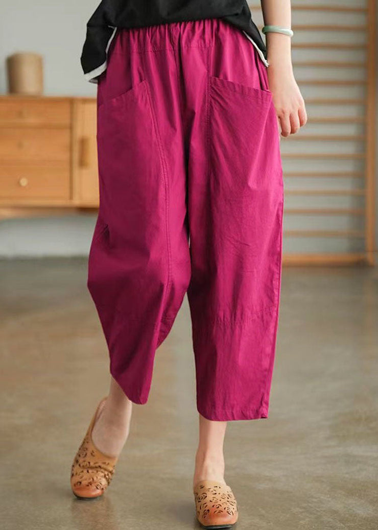 Rose Pockets Patchwork Cotton Pants Elastic Waist Summer