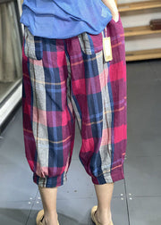 Rose Pockets Plaid Cotton Lantern Pants Wrinkled Summer