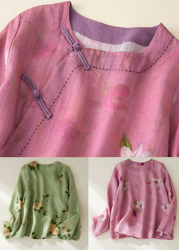 Rose Print Patchwork Cotton Top O Neck Chinese Button Long Sleeve