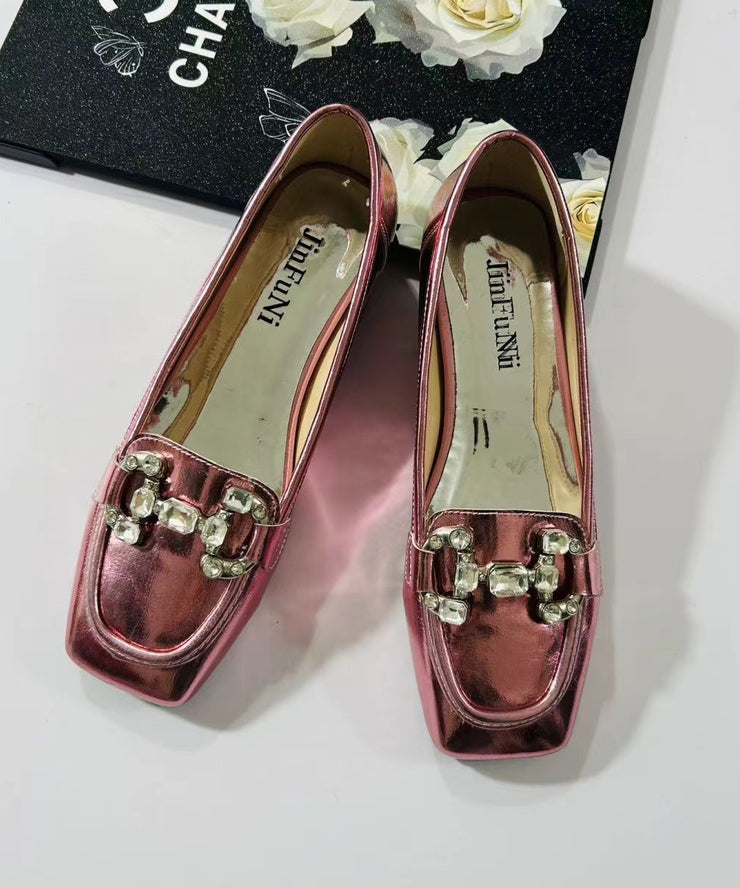 Rose Zircon Faux Leather Square Toe 2024 New Flats