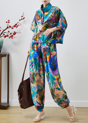 Royal Blue Graffit Print Chiffon Two Pieces Set Zip Up Summer