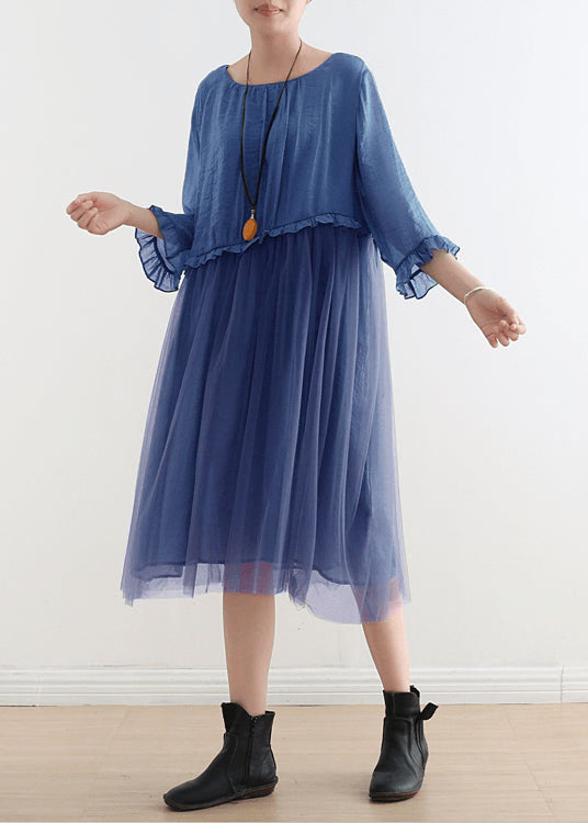 2023 Royal Blue Tulle Maxi dresses Sundress Half Sleeve