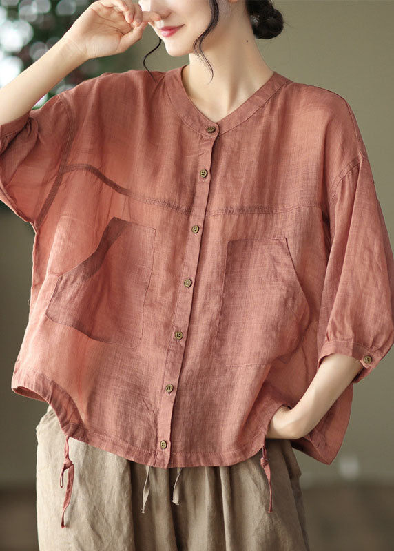 Rubber Red Patchwork Linen Blouse Tops O Neck Bracelet Sleeve