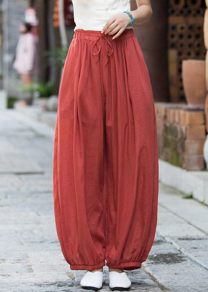 Rust Lace Up Solid Linen Crop Pants Elastic Waist