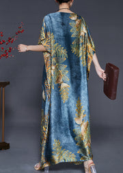 Sea Blue Print Silk Beach Dresses Side Open Batwing Sleeve