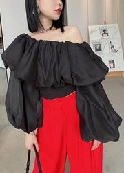 Sexy Black Cold Shoulder Wrinkled Chiffon Blouses Spring