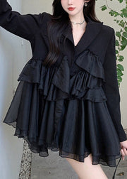 Sexy Black Notched Asymmetrical Patchwork Mini Pleated Dress Long Sleeve