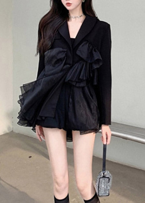 Sexy Black Notched Asymmetrical Patchwork Mini Pleated Dress Long Sleeve