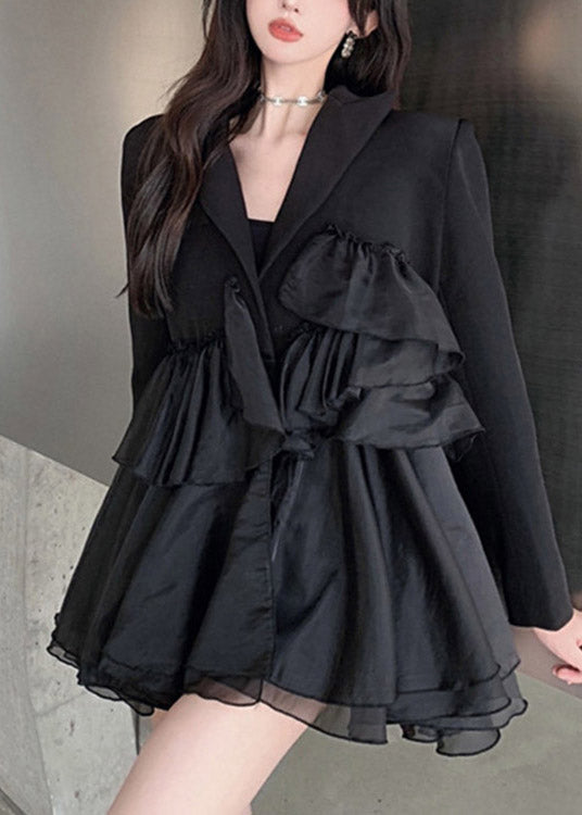 Sexy Black Notched Asymmetrical Patchwork Mini Pleated Dress Long Sleeve