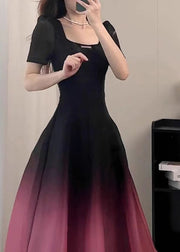 Sexy Black O-Neck Gradient Color Long Dresses Short Sleeve