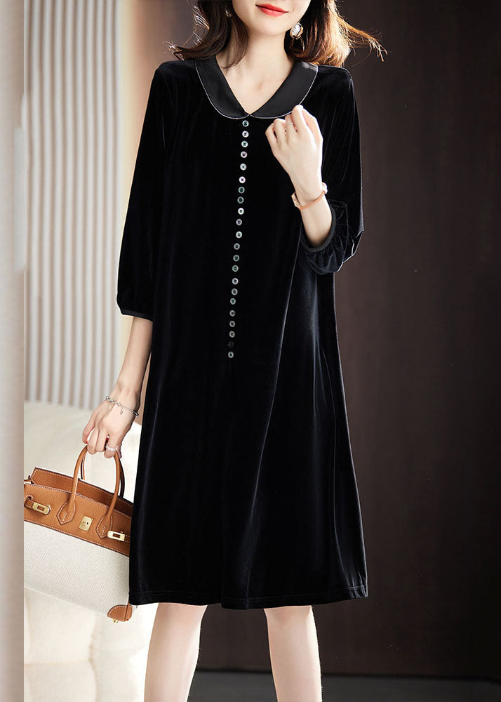 Sexy Black Peter Pan Collar Button Holiday Maxi Dress Fall