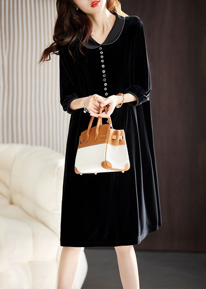 Sexy Black Peter Pan Collar Button Holiday Maxi Dress Fall