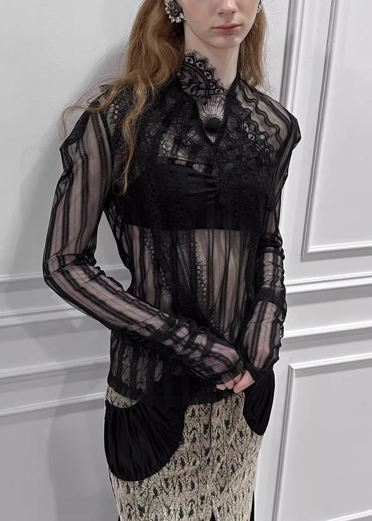 Sexy Black Stand Collar Lace Solid Tulle Top Long Sleeve