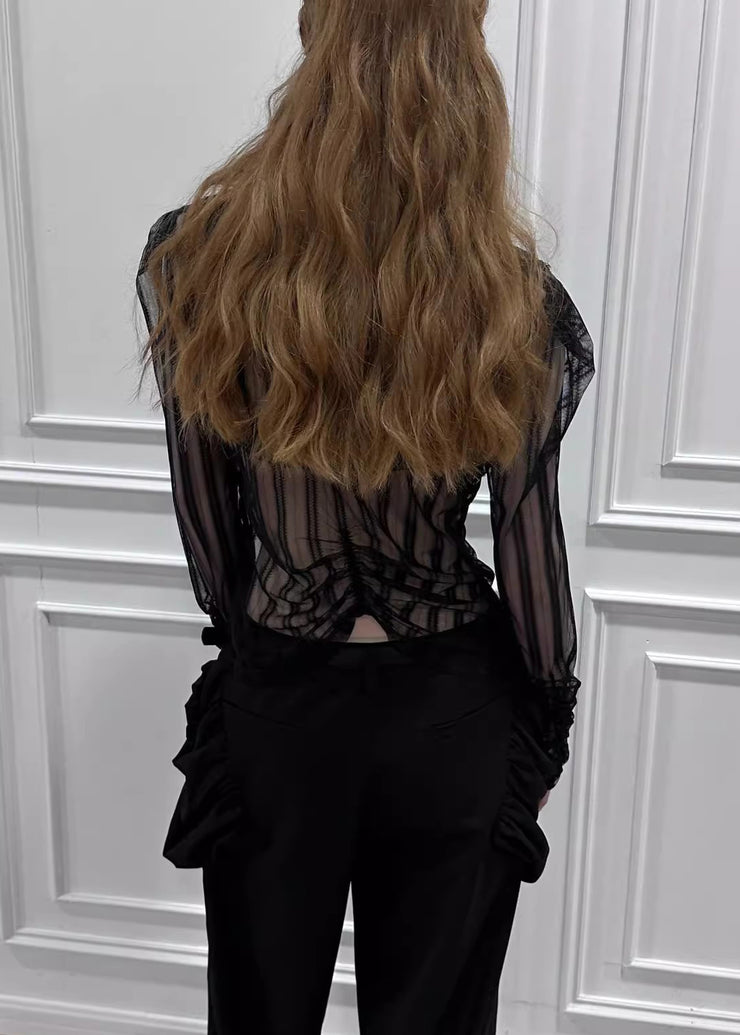 Sexy Black Stand Collar Lace Solid Tulle Top Long Sleeve