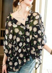 Sexy Black V Neck Print Button Chiffon Shirt Long Sleeve