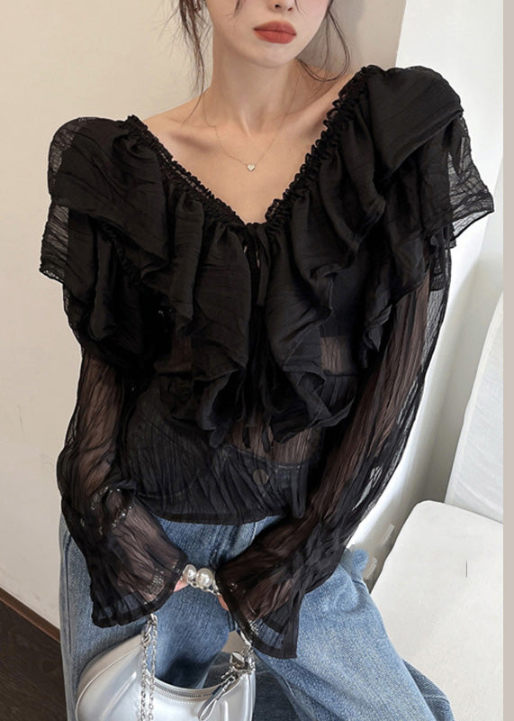 Sexy Black V Neck Ruffled Chiffon Shirts Long Sleeve