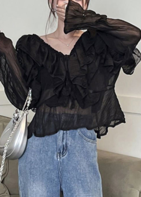 Sexy Black V Neck Ruffled Chiffon Shirts Long Sleeve