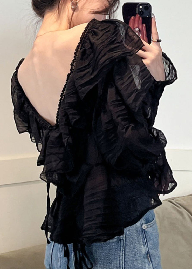 Sexy Black V Neck Ruffled Chiffon Shirts Long Sleeve