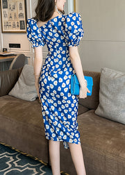 Sexy Blue Asymmetrical Print Maxi Dresses Short Sleeve