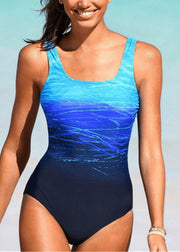 Sexy Blue Gradient Color U Neck Leaky Back One Piece Swimwear