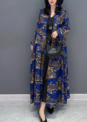 Sexy Blue Peter Pan Collar Print Slim Maxi Trench Coats Long Sleeve