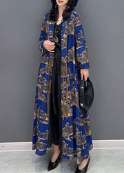 Sexy Blue Peter Pan Collar Print Slim Maxi Trench Coats Long Sleeve