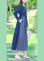 Sexy Blue V Neck Striped Patchwork Linen Long Dress Spring