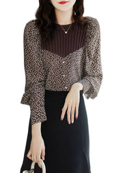 Sexy Brown O-Neck Print Patchwork Button Knit Shirt Long Sleeve