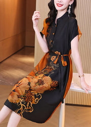 Sexy Casual O-Neck Print Button Tie Waist Silk Maxi Dresses Short Sleeve