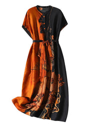 Sexy Casual O-Neck Print Button Tie Waist Silk Maxi Dresses Short Sleeve