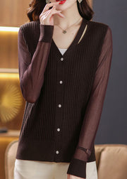 Sexy Coffee V Neck Patchwork Ice Size Knit Cardigan Fall