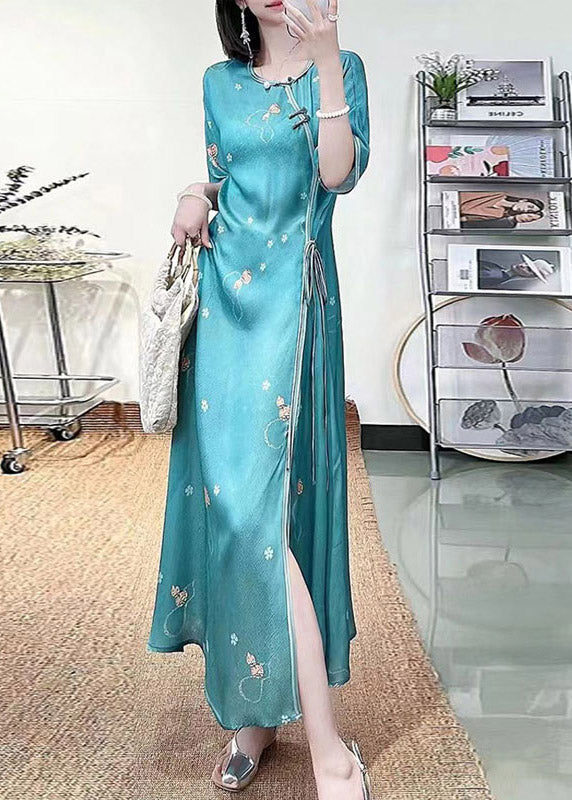 Sexy Green O-Neck Embroideried Floral Side Open Tie Waist Button Silk Long Dresses Half Sleeve