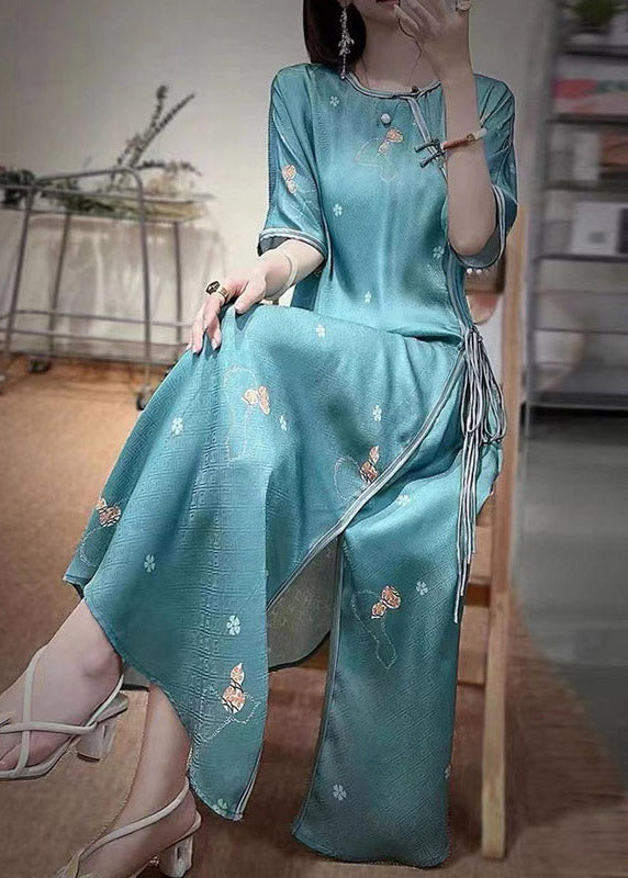 Sexy Green O-Neck Embroideried Floral Side Open Tie Waist Button Silk Long Dresses Half Sleeve