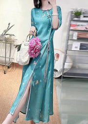 Sexy Green O-Neck Embroideried Floral Side Open Tie Waist Button Silk Long Dresses Half Sleeve