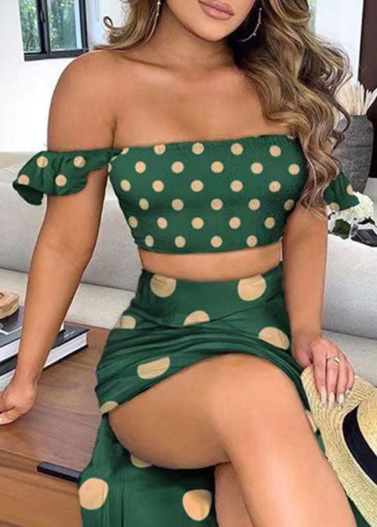 Sexy Green Off The Shoulder Dot Print Cotton Two Piece Set Summer