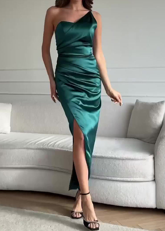 Sexy Green One Shoulder Side Open Slim Fit Silk Dress Sleeveless