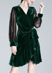 Sexy Green V Neck Tulle Patchwork Tie Waist Silk Velour Holiday Mid Dress Spring