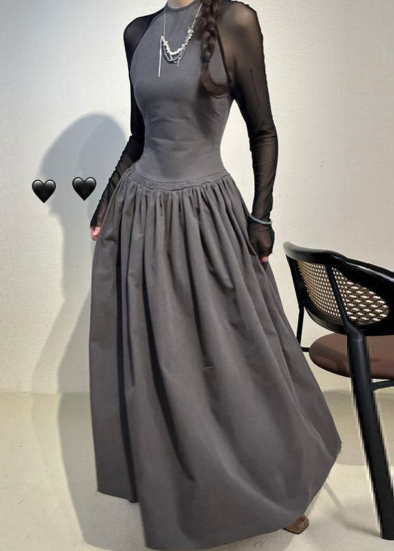 Sexy Grey O-Neck Wrinkled Tulle Patchwork Long Dress Long Sleeve