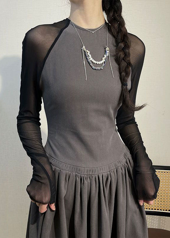 Sexy Grey O-Neck Wrinkled Tulle Patchwork Long Dress Long Sleeve