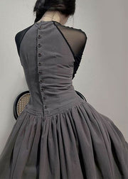 Sexy Grey O-Neck Wrinkled Tulle Patchwork Long Dress Long Sleeve