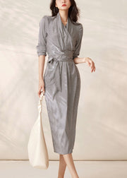 Sexy Grey V Neck Plaid Tie Waist Chiffon Dresses Long Sleeve