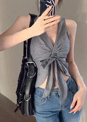 Sexy Grey V Neck Tie Waist Vest Summer