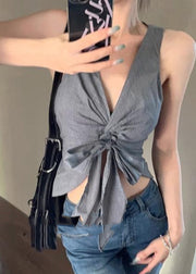 Sexy Grey V Neck Tie Waist Vest Summer