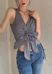 Sexy Grey V Neck Tie Waist Vest Summer