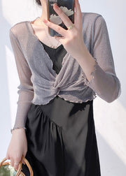 Sexy Grey V Neck Wrinkled Tulle Top Long Sleeve