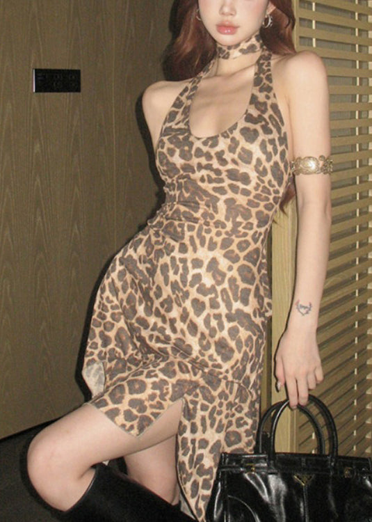 Sexy Leopard Halter Asymmetrical Design Dress Summer