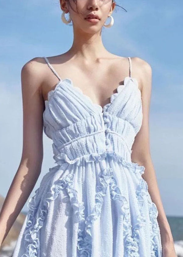 Sexy Light Blue Ruffled Patchwork Backless Spaghetti Strap Dresses Vestidos Summer