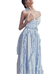 Sexy Light Blue Ruffled Patchwork Backless Spaghetti Strap Dresses Vestidos Summer