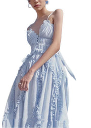 Sexy Light Blue Ruffled Patchwork Backless Spaghetti Strap Dresses Vestidos Summer