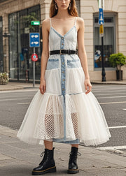 Sexy Light Blue Silm Fit Patchwork Tulle Denim Long Dresses Summer